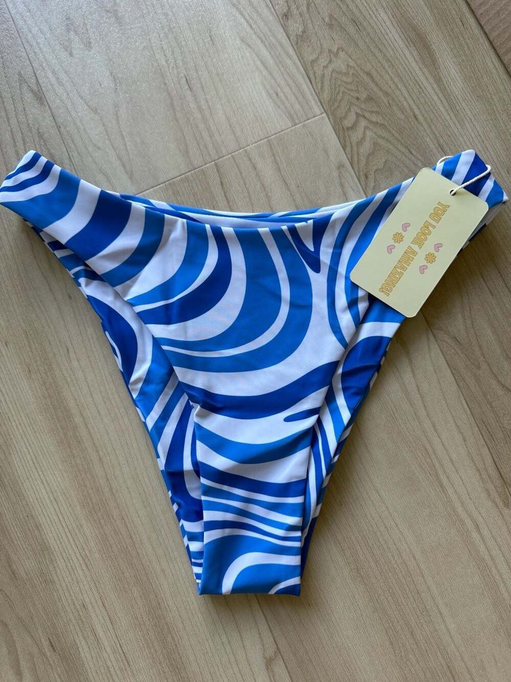 Aurelle Malta Swirl Print High Cut Bikini Bottom in Blue and White